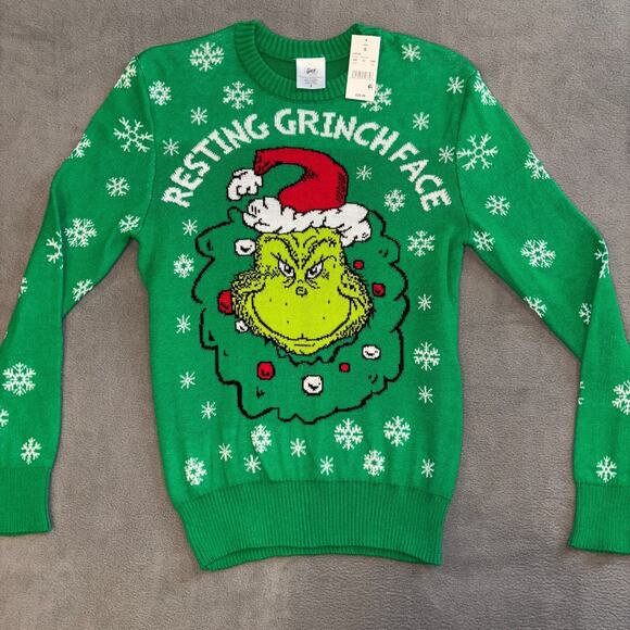 Dr. Seuss Resting Grinch Face Ugly Christmas Green Sweater Size Small - Picture 1 of 7